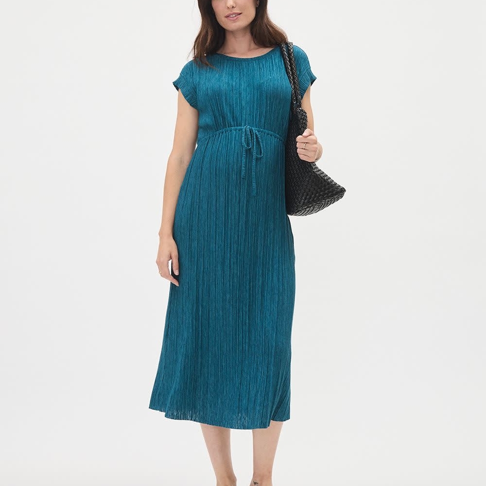 Maternity Elegant Teal Midi Dress With Very Short Sleeves